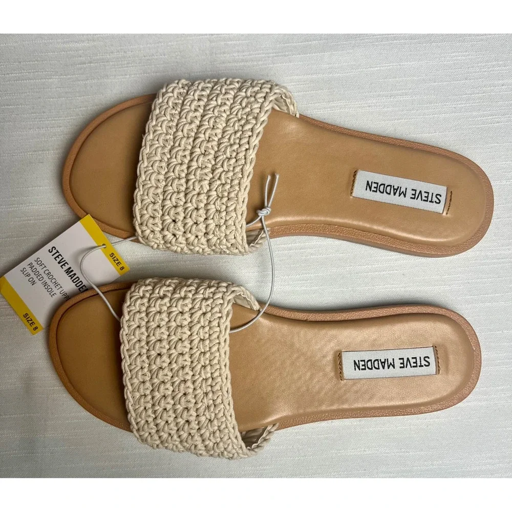 Steve Madden Tannah Crochet Slide Sandals Natural Cream Tan Flat Slip On Women 8 - Picture 8 of 10